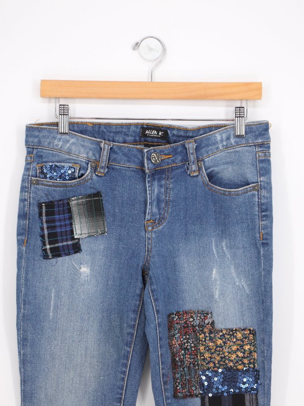 Allen B by Allen Schwartz Jeans Patchwork Sequin Distressed Flare Boho Size 6 - Picture 3 of 10